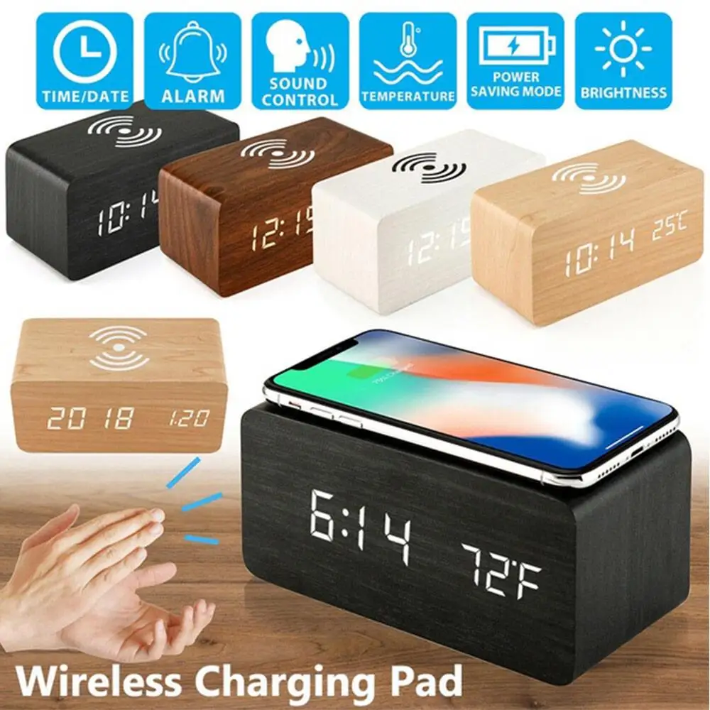 

Digital Thermometer Clock Wooden Wireless Charging Phone Charger Multi-Function Alarm Clock Modern 3 in 1 LED with Time Memory