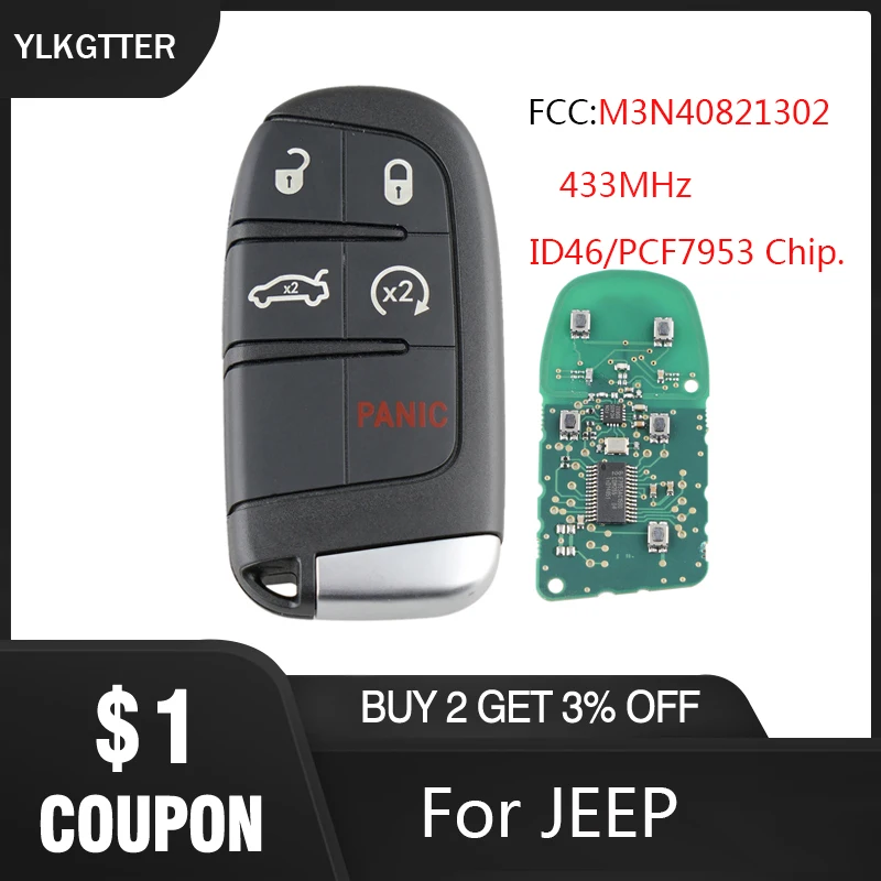 

YLKGTTER 5 Button Remote Smart Key for DODGE/Chrysler/JEEP Grand Cherokee Proximity Comfort-access Keyless-go M3N-40821302