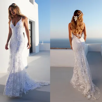 

BacklakeGirls Vestido De Novia Beach Mermaid Wedding Dresses Straps Lace Up Sexy V Neck Lace Bride Dresses Robe De Mariee
