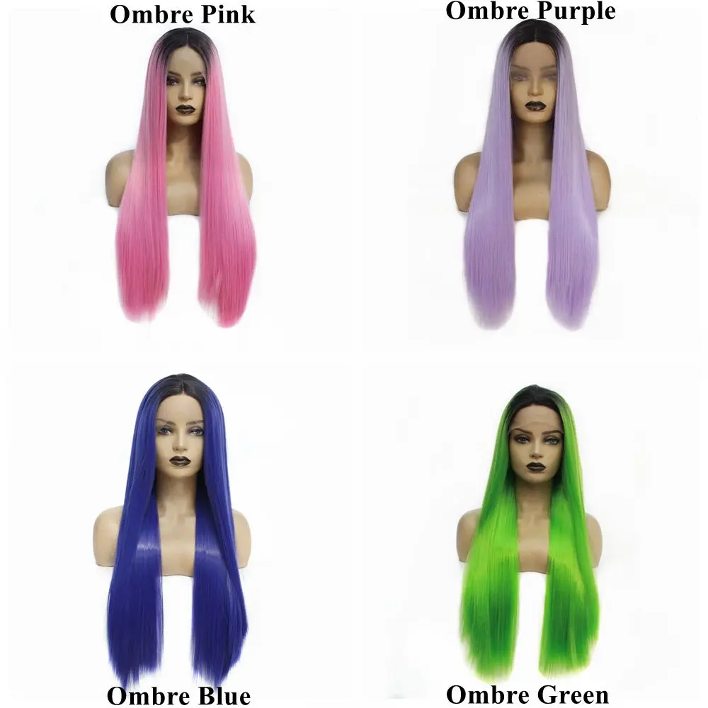 Fashion Ombre Blue Long Silky Straight Hair Heat Resistant Glueless Synthetic Lace Front Wigs for Black Women Middle Part 26inch
