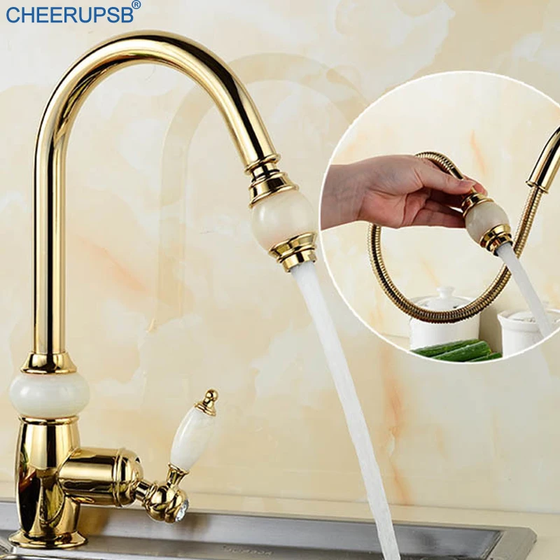 Выдвижной кухонный кран роскошный титановый смеситель с натуральным нефритом