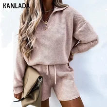 Womens Winter Sweaters 2020 Women's Spring New Casual Long Sleeve Jacket Sports Shorts Sweater Set Two-piece Set