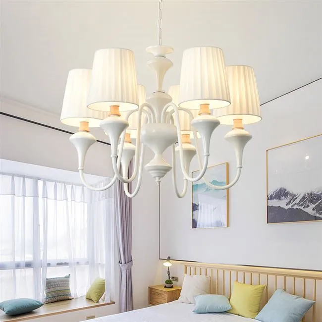 

Nordic LED Chandelier With Fabric Lampshade For Living Room Blue Chandeliers Lighting Modern White Hanging Light Bedroom