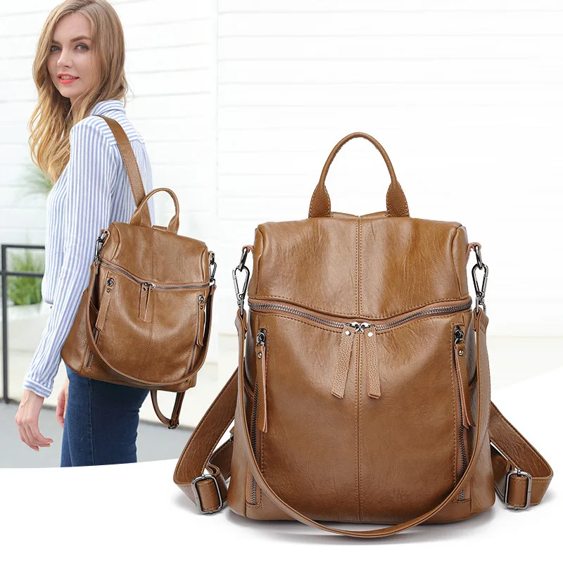 

Both Shoulders Package Woman 2020 Cowhide Bag Leisure Time Personality Soft Leather Guard Against Theft Backpack Tide