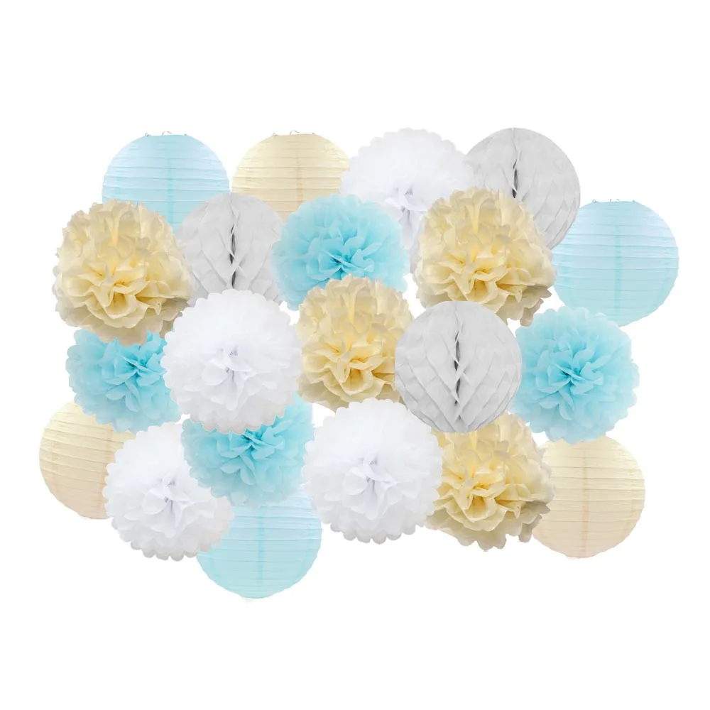 Beige Light Blue Set Горячий Свадебный декор 21 шт./компл. розовый красный/розовый/синий круглый бумажный фонарь для детей на день рождения, вечеринка, подарок, Висячие бумажные украшения - Цвет: Beige Light Blue Set