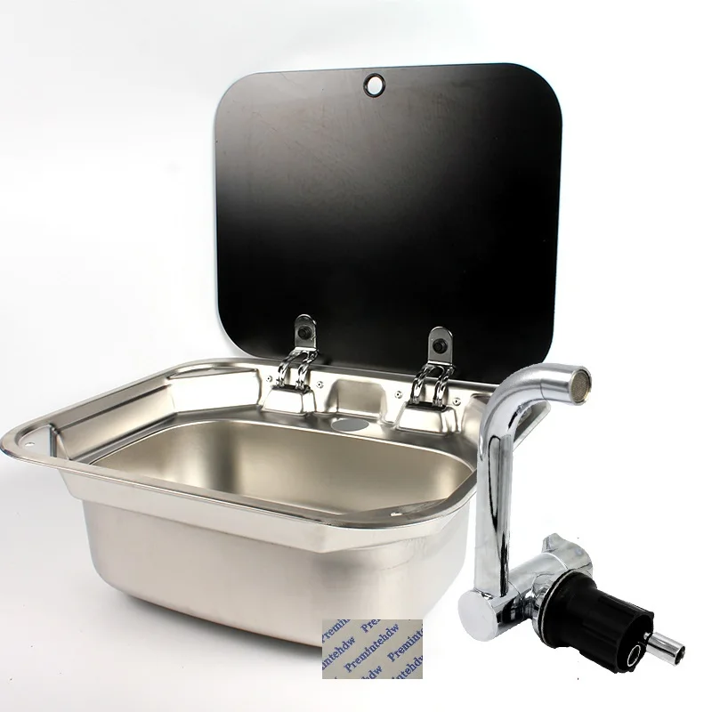 304 Stainless Steel Sink With Hinged Flap Tempered Glass Lid Folding Mixing Faucet RV Trailer Caravan
