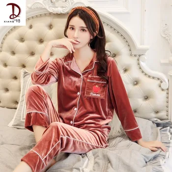 

Velvet Pajamas Autumn and Winter Two-Piece Suit Long Sleeve Trousers Cardigan Gold Velvet Pajamas Women's Home Clothes Suit