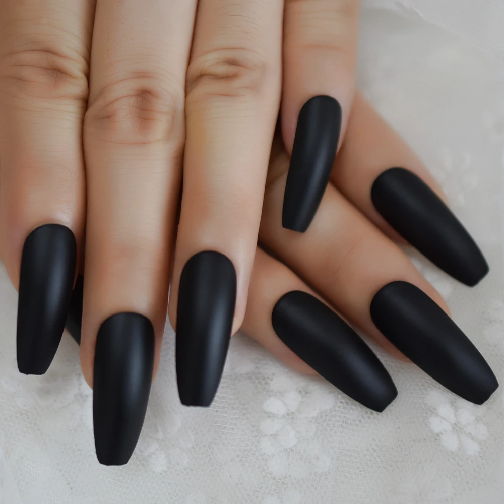  Black Frosted Fake Nails Extra Long Flat Matt Faux Ongles Ballerina Manicure Tips Salon Quality Thi