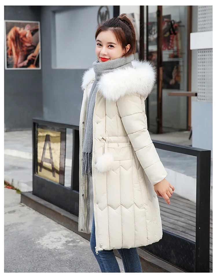 Утолщенный зимний длинный пуховик с меховым капюшоном, Женский однотонный тонкий пуховик размера плюс, женские куртки, Корейская верхняя одежда из хлопка
