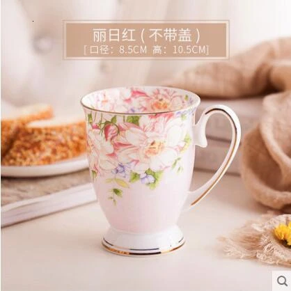 Костяного фарфора, кружка для воды, для офиса, керамическая с крышкой, ложка, цветок, простая чашка для завтрака, молока, кофе, фарфоровая, европейский стиль, 320 мл - Цвет: 2