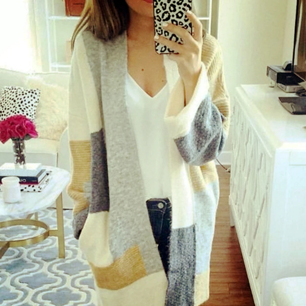 Women Winter Open Stitch Cardigan Coat Long Chunky Knitted Oversized Sweater Contrast Color Long-sleeved Loose Knit Sweater