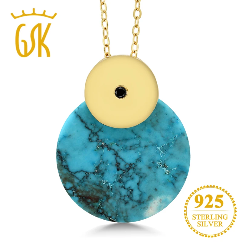 GemStoneKing Round Blue Simulated Turquoise 925 Sterling Silver Pendant Necklace For Women With Black Diamond Accent | Украшения и