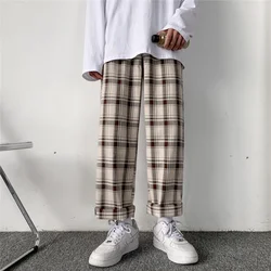 HOUZHOU Pantalones a cuadros para mujer, ropa de cama holgada de gran tamaño, pantalones a cuadros de moda coreana, pantalones de pierna ancha, ropa de calle Harajuku