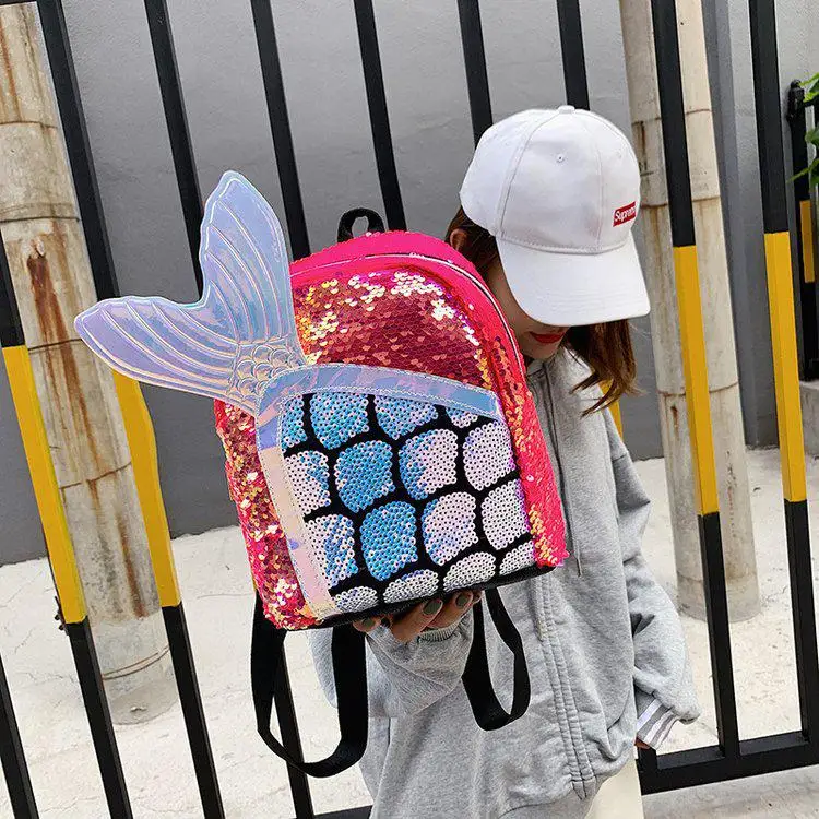 Рюкзак Русалочки с разноцветными блестками, модная блестящая школьная сумка для книг, милая голограмма для девочек, лазерная сумка из искусственной кожи, дорожная сумка Mochila - Цвет: Красный