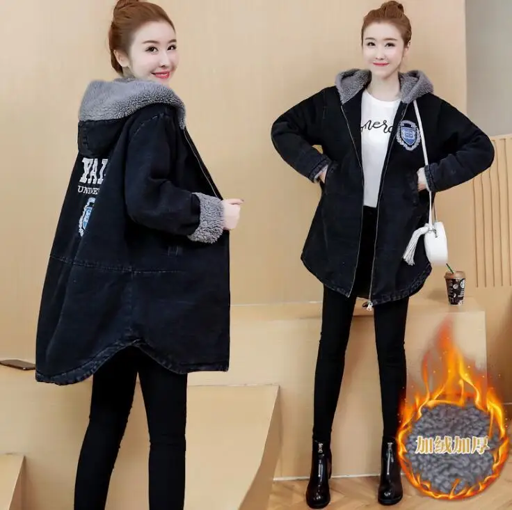 

Autumn And Winter Lambs Wool Jeans Coat Women's Autumn 2019 New Style Winter Loose-Fit Brushed And Thick Mid-length Cotton-padde