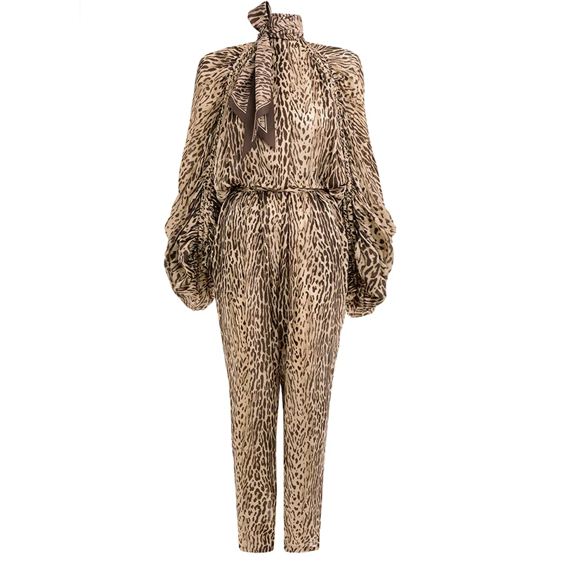 [MENKAY] Леопардовый винтажный комплект из двух предметов со шнуровкой, Женская водолазка с рукавом «летучая мышь», длинные штаны с рюшами