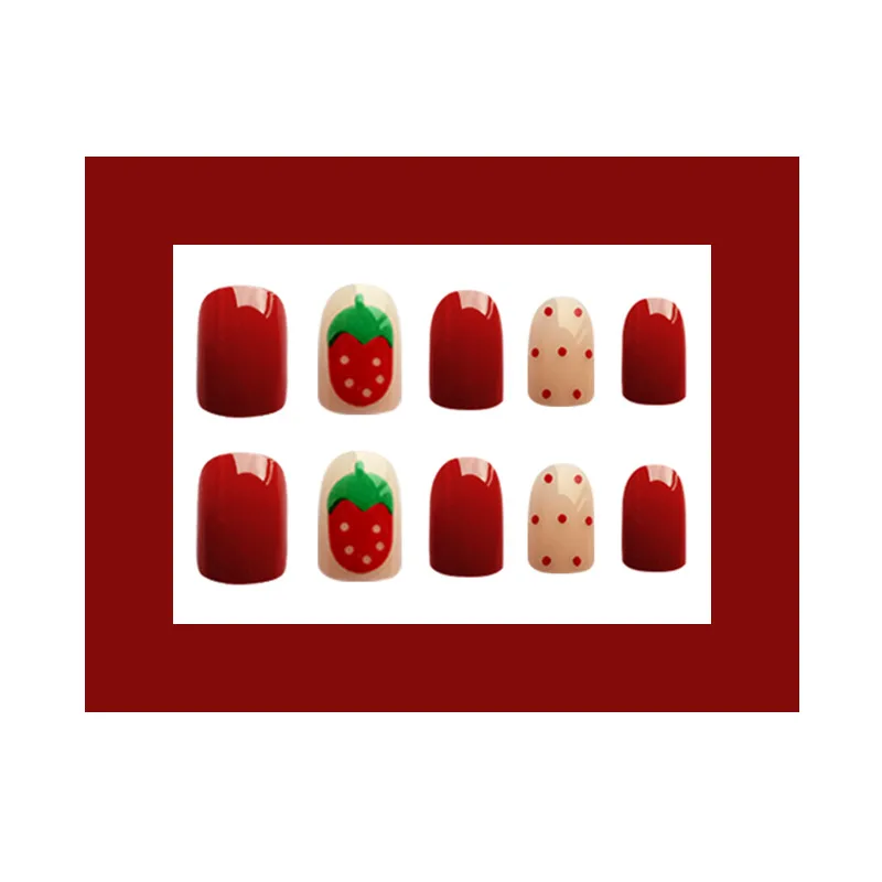 Nusx Strawberry False Nails Full Cover Artificial Red Cute Design Fake Nails Press On Square Nail 3