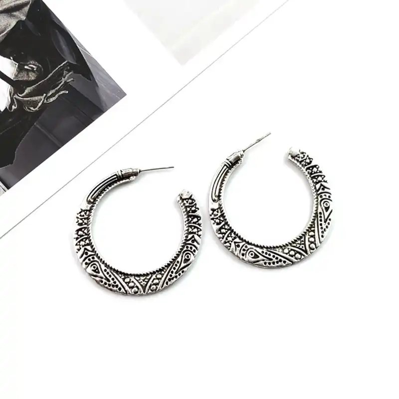 Винтажные резные цветочные круглые серьги-кольца для женщин девочек Античное золото серебро круг ухо Панк ювелирные изделия женские Bijoux