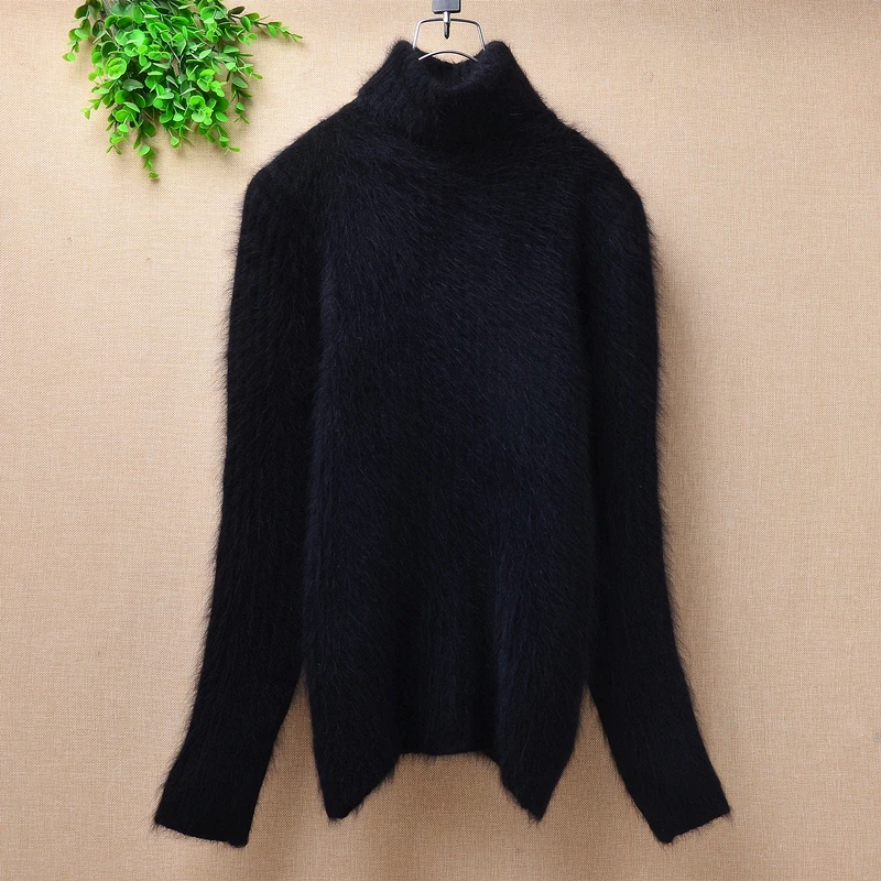 

Female winter slim striped plush mink cashmere turtleneck long sleeves pullover angora rabbit fur bottoming blouses sweater