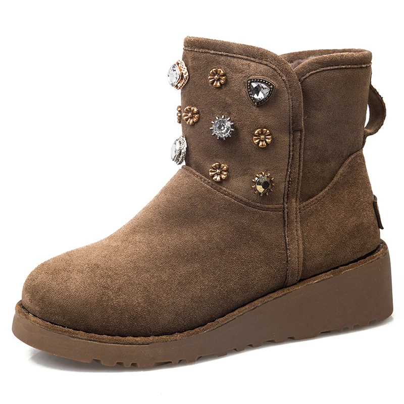 Winter Women Suede Plush Lining Ankle Fur Platform Snow Boots Flat With Black/Brown Rivet Emu Boots Fashion Cotton Shoes