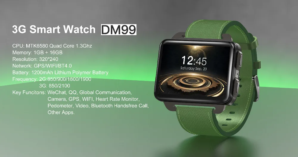 

DM99 smart bracelet MT6580 quad-core 2.2 inch IPS screen 1GB+16GB 130MP camera 3G network GPS wifi for Android & IOS smartphone