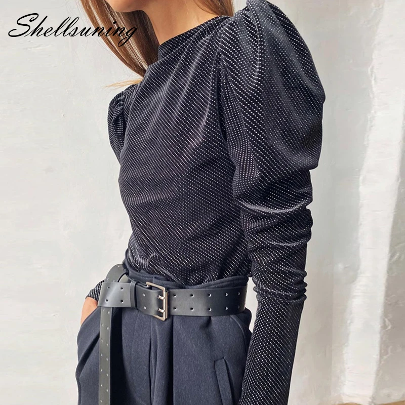 Shellsuning/женские боди с рукавами-фонариками и блестками; весенние теплые комбинезоны с круглым вырезом; повседневные Обтягивающие Комбинезоны в полоску; однотонные пикантные комбинезоны