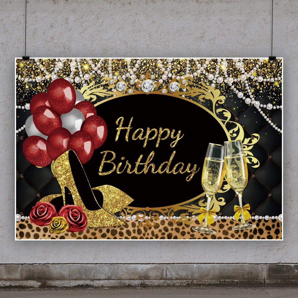Arriere Plan De Photographie De Joyeux Anniversaire Pour Femmes Paillettes D Or Etoile Fleur De Rose Perle Ballon De Champagne Arriere Plan Noir Studio Photo Aliexpress Electronique