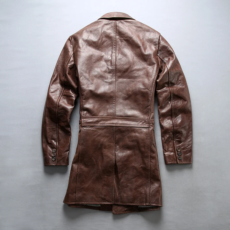 

FLY Fashion genuine men brown slim fit long real leather coat cowskin turn-down collar men' jacket