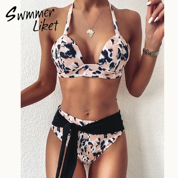 

High waist bikini 2020 Leopard swimwear Halter two piece suit Sexy swimsuit female Knot bathing suit women bathers beach wear