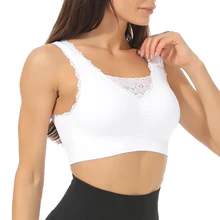 Женский спортивный бюстгальтер с мягкими чашечками, Кружевной укороченный топ, стрейчевый спортивный жилет для йоги, дышащий бюстгальтер с широкими бретельками, спортивный бюстгальтер