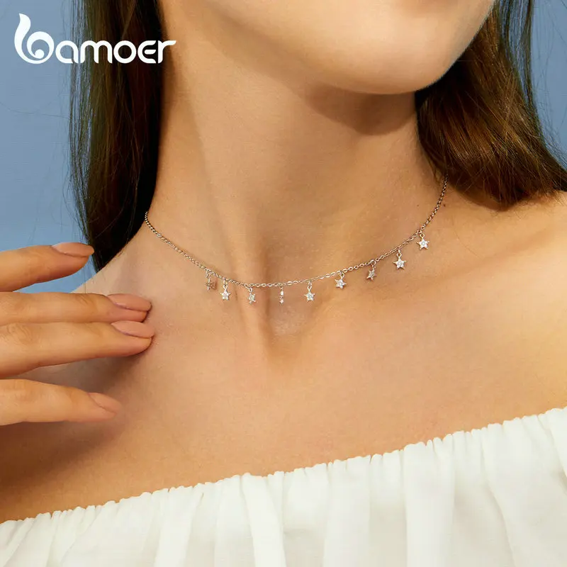 

bamoer Tinkle Stars Metal Choker Necklace for Women Link Fine Jewelry 925 Sterling Silver Wedding Engagement Bijoux GAN116