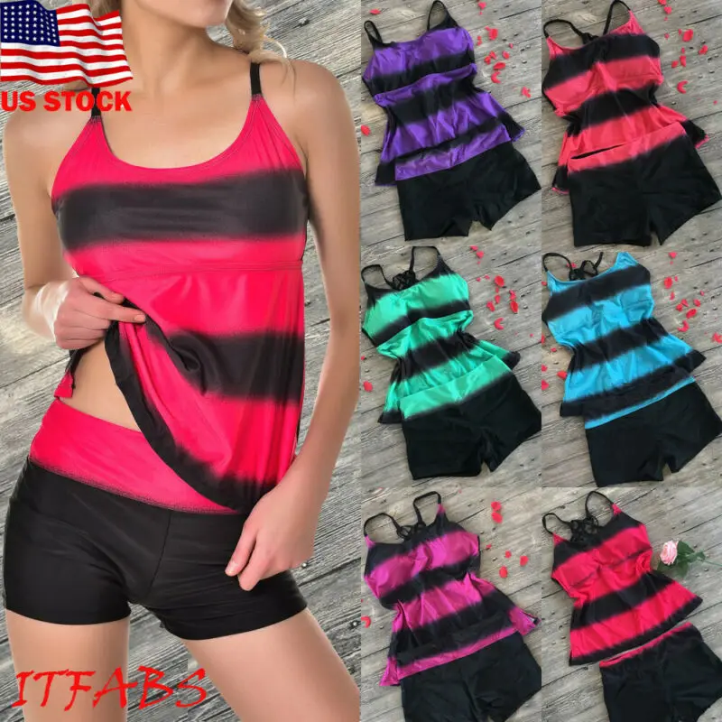 US Women Swimsuit Plus Size Striped Style High Waist Sexy Lady Skirted Swimwear Swim Dress Tankini Costume Pink Purple M-4XL |