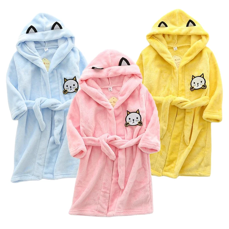 Kids Cartoon Cat Robes New Winter Baby Girl Bathrobe Sleepwear Robe For Children Flannel Hooded Pajamas Boys Homewear Clothing