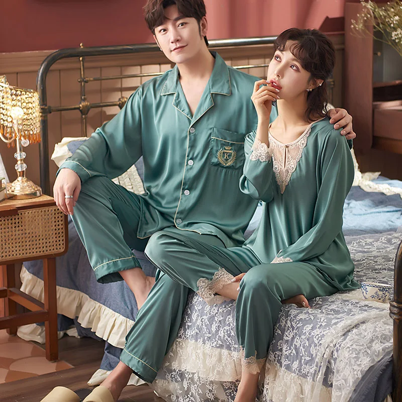 

Summer Couple Rayon Long Sleeve Top Pants Sleepwear Silk Nightwear Women Men Pajamas Set Homewear