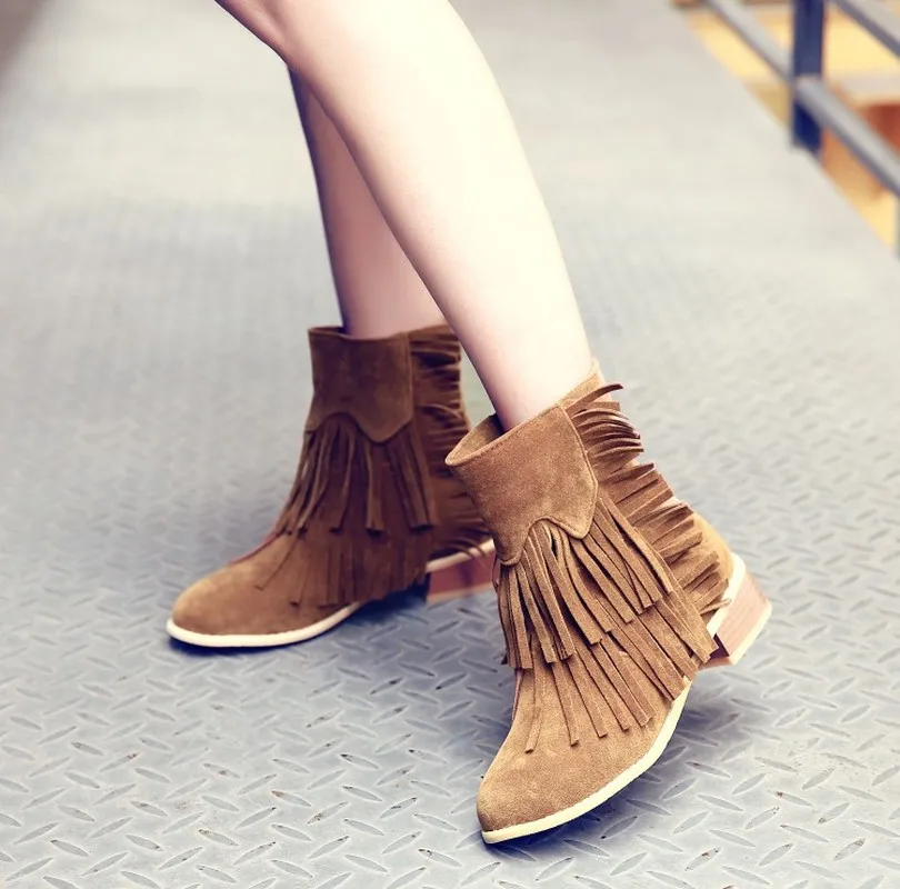 

Fringe Boots Women Retro Square Heel Ankle Boots Mid Heel Roud Toe Autumn Shoes Ladies Block Heel Slip on Booties Size 34-43