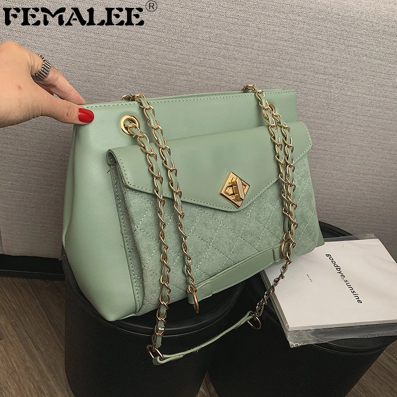 

New Women Suede PU Patchwork Handbags Plaid Female Lock Shopping Bags Large Capacity Ladies Tote Chains Messenger Shoulder Bags