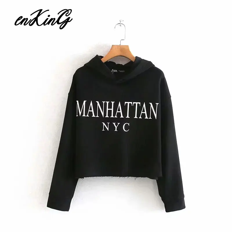 Black Зимние толстовки женские BTS high street Manhattan и Brooklyn cities с принтом с капюшоном Женский свитшот, пуловер Топы - Цвет: Black