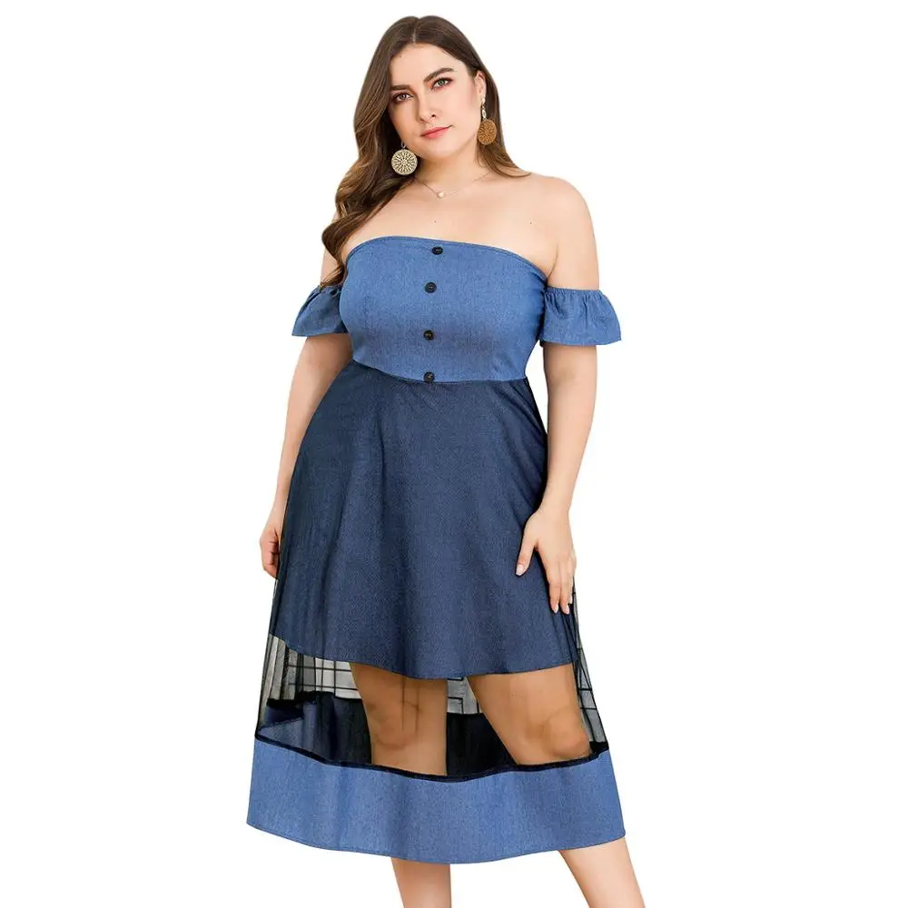 

WHZHM Summer Off Shoulder Party Dresses Women Slash Neck Denim Lace Patchwork Short Puff Sleeve Sexy Vintage Jurk Dress Ladies