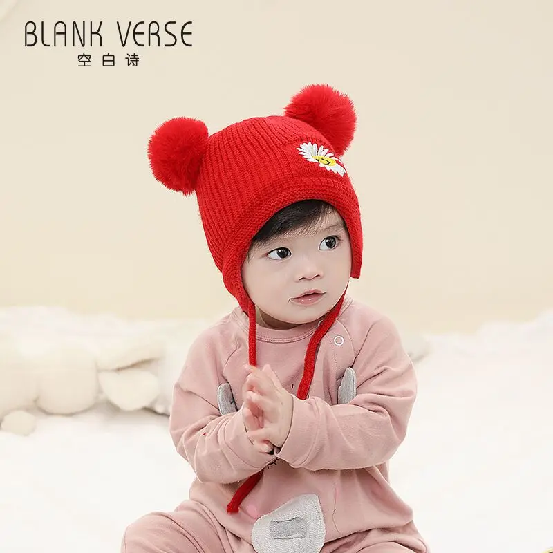 

New Style Winter CHILDREN'S Hat Double Furry Ball Little Daisy Cap plus Velvet Warm Infant Baby Knitted Earmuff Hat