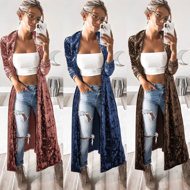 

Women Long Jacket Velvet Cardigan Blue Autumn Blue Coat Casual Coat Solid Lady Jacket Elegant Plus Size Daily Outwear MC-2092