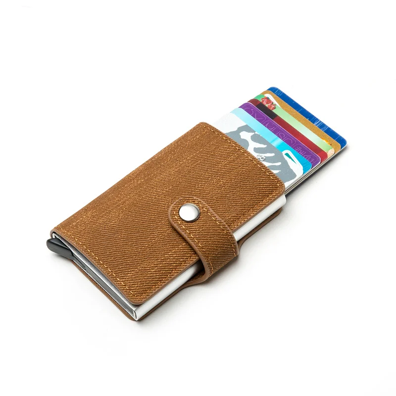 

Denim Wallet Button Credit Card Holder RFID Blocking Minimalist Wallet Pop-Up Security Card Case Slim Anti-theft ID Holder