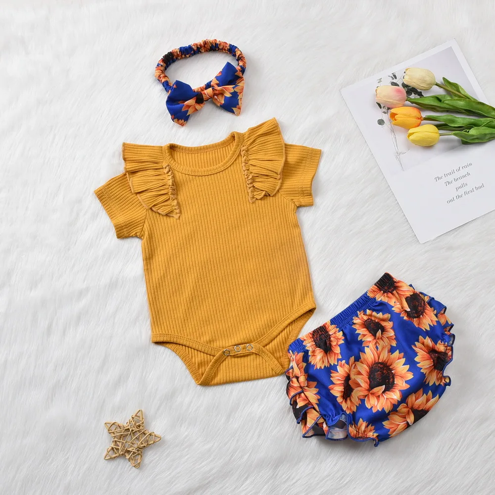 

Newest 3Pcs Cute Newborn Baby Girls Outfit Clothes Tops Jumpsuit Bodysuit Shorts Pants Set Tulle Bloomers with Headband D30