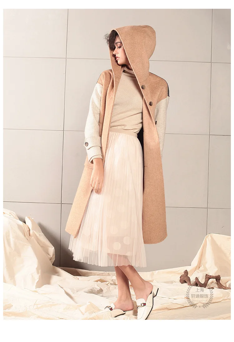 Winter New jacket with hat Double-breasted Contrast Long Section double-sided wool coat Lady Patchwork leisure fashion coat