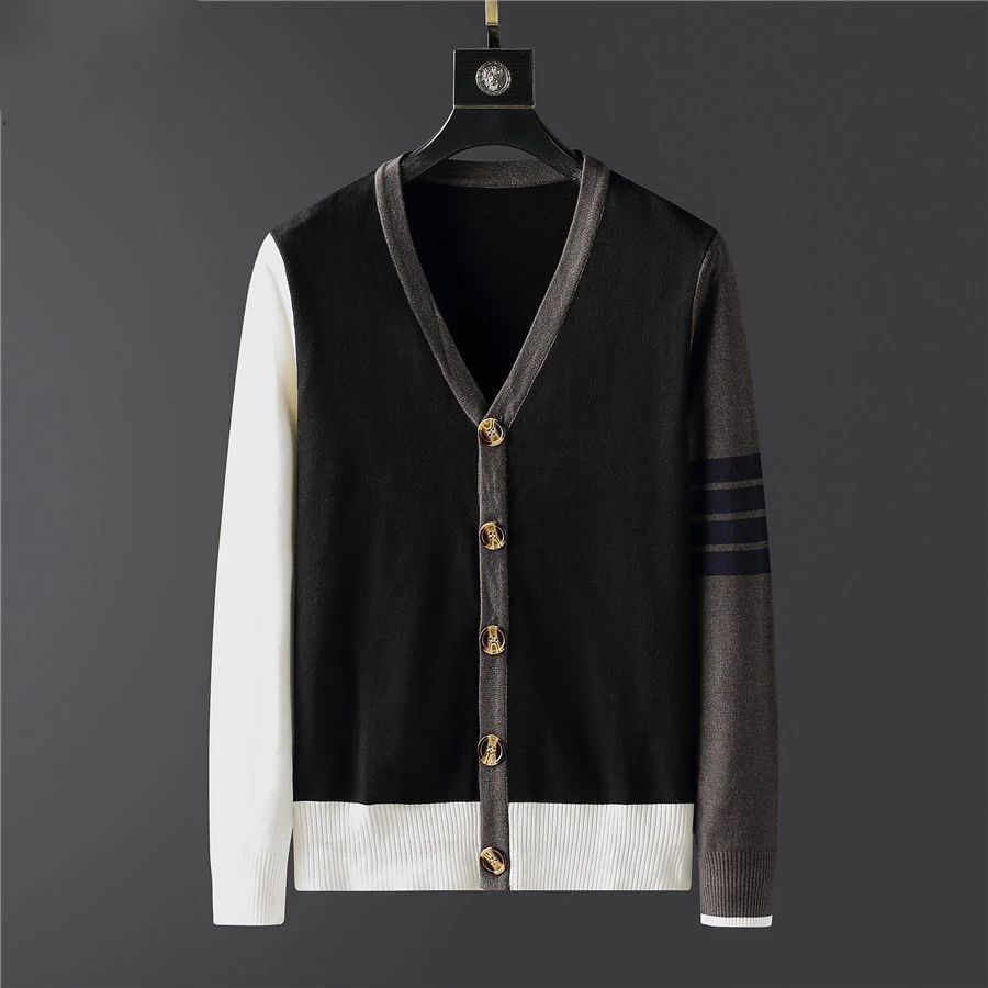 2021 Fashion Brand Dog Embroidery Sweaters Men Slim Fit V-Neck Striped Cardigans Clothing Striped Coat England Style cotton thom browne sweater