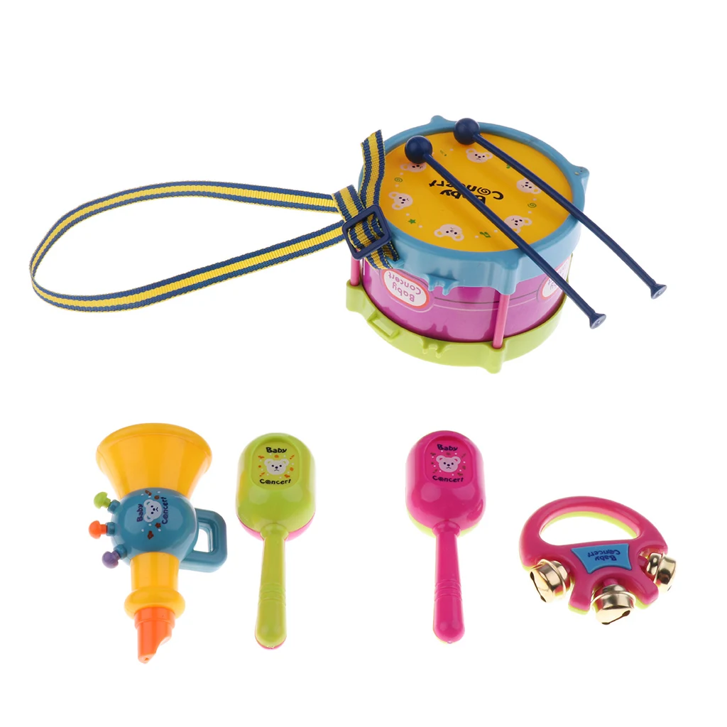 1 Set Plastic Hand Snare Drum Hand Bell Maracas Mini Trumpet for Kids Baby Toddler Preschool Musical Toys