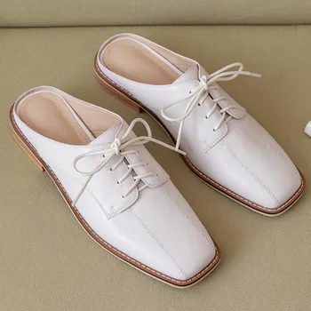 

Women's genuine leather lace-up flats mules square toe casual summer female comfortable footwear slides high quality shoes women