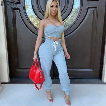 

Bonnie Forest Sexy Off Shoulder Bustier Crop Top+Lace-Up Jogger Trouser Set Casual Women Two Pieces Active Set Workout Tracksuit