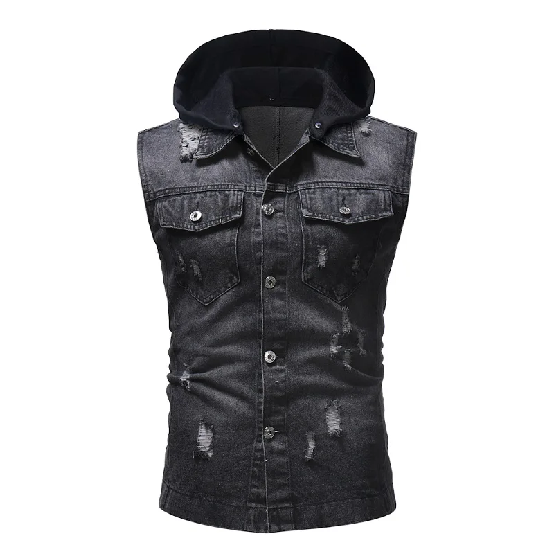 Мужской джинсовый жилет с капюшоном приталенный жакет без рукавов повседневная