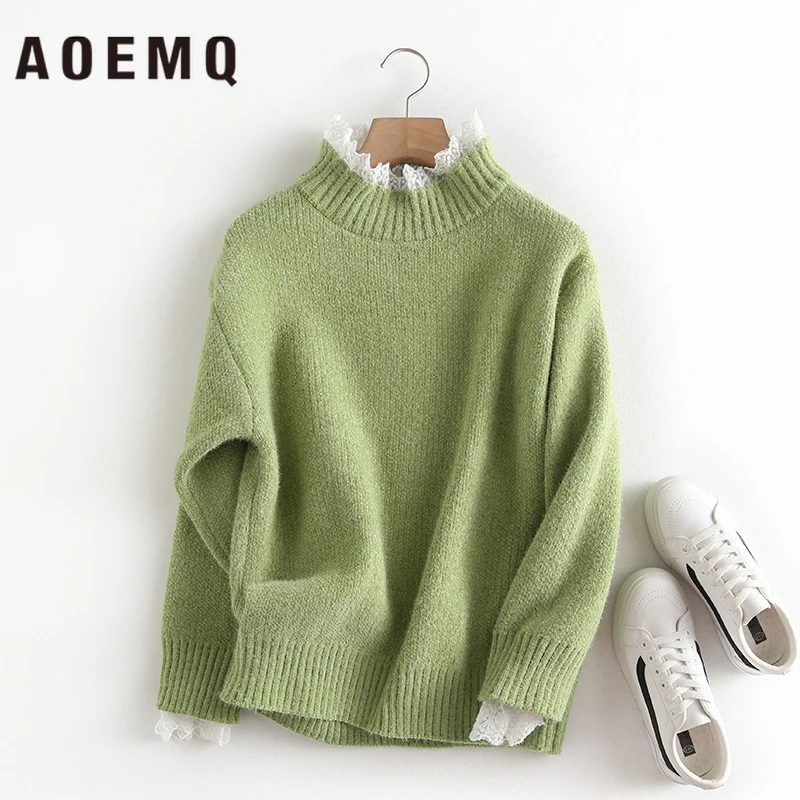  AOEMQ Preppy Style Sweaters Cute Wave Lace Decoration O-Neck Sweater Spring Pinic Birthday Party We