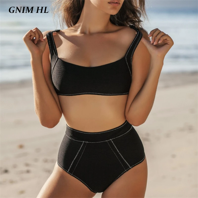 

GNIM Bandeau Bikini Swimwear Women Push Up 2020 High Waist Brazilian Swimsuit Female Two Pieces Solid Black Bathing Suit Biquini